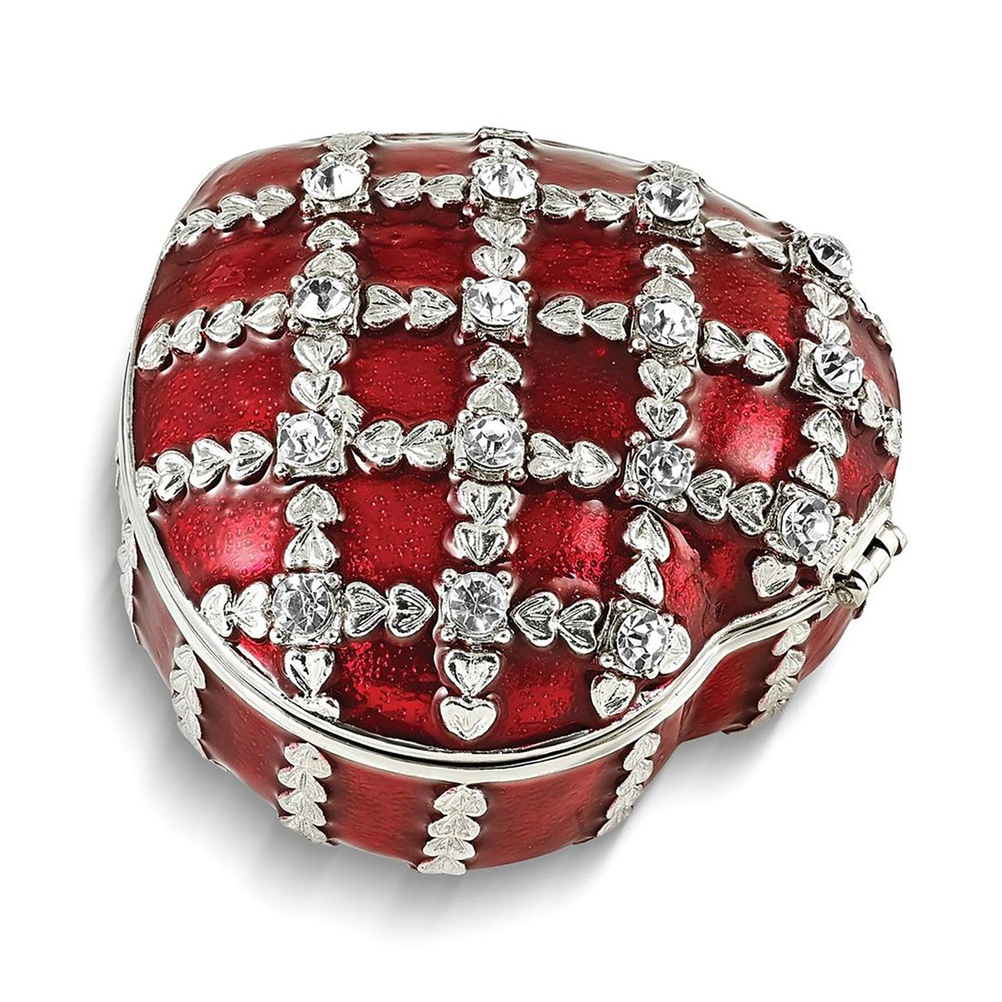 Pewter Bejeweled Crystals Silver-Tone Enameled Valentine Heart Trinket Container Bejeweled Trinket Box with Matching 18 Inch Necklace, Hand Painted Enameled Collectible Gift