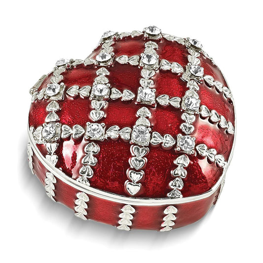 Pewter Bejeweled Crystals Silver-Tone Enameled Valentine Heart Trinket Container Bejeweled Trinket Box with Matching 18 Inch Necklace, Hand Painted Enameled Collectible Gift