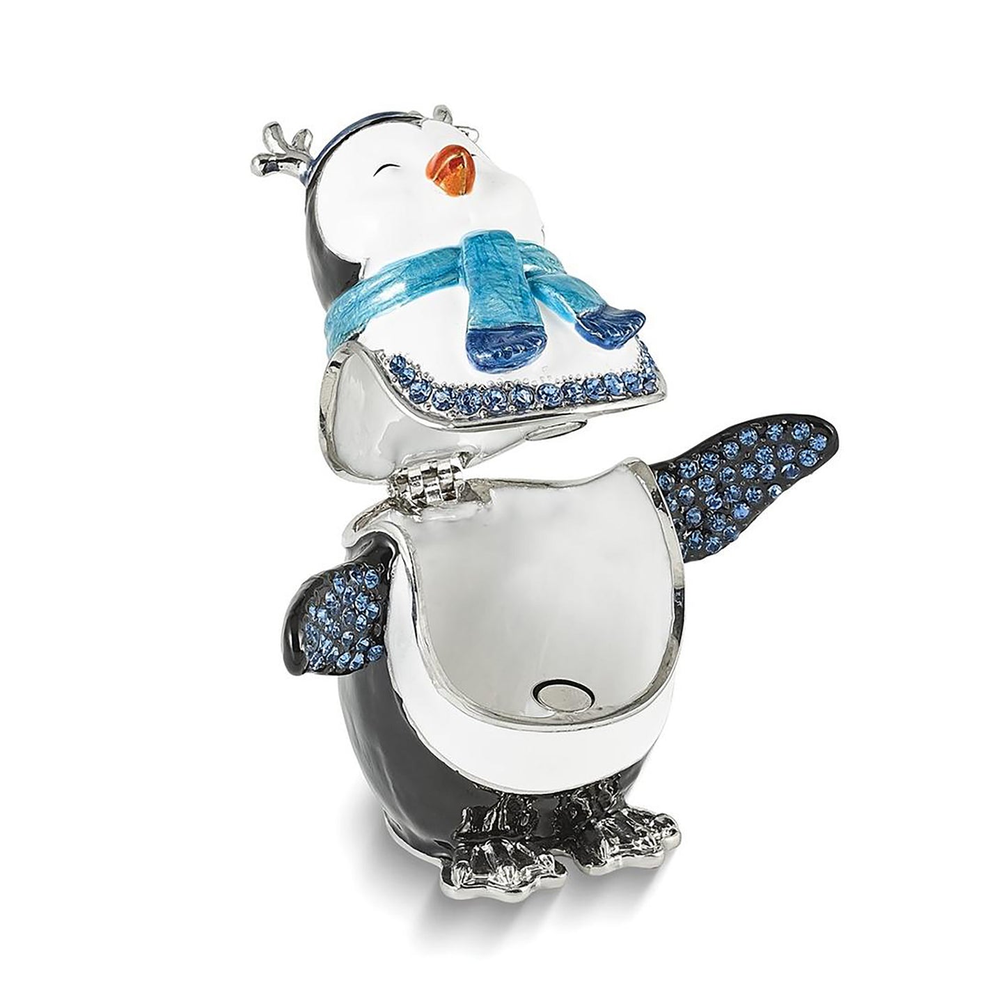 Pewter Bejeweled Crystals Silver-Tone Enameled Percy Penguin w Scarf Trinket Container Bejeweled Trinket Box with Matching 18 Inch Necklace, Hand Painted Enameled Collectible Gift