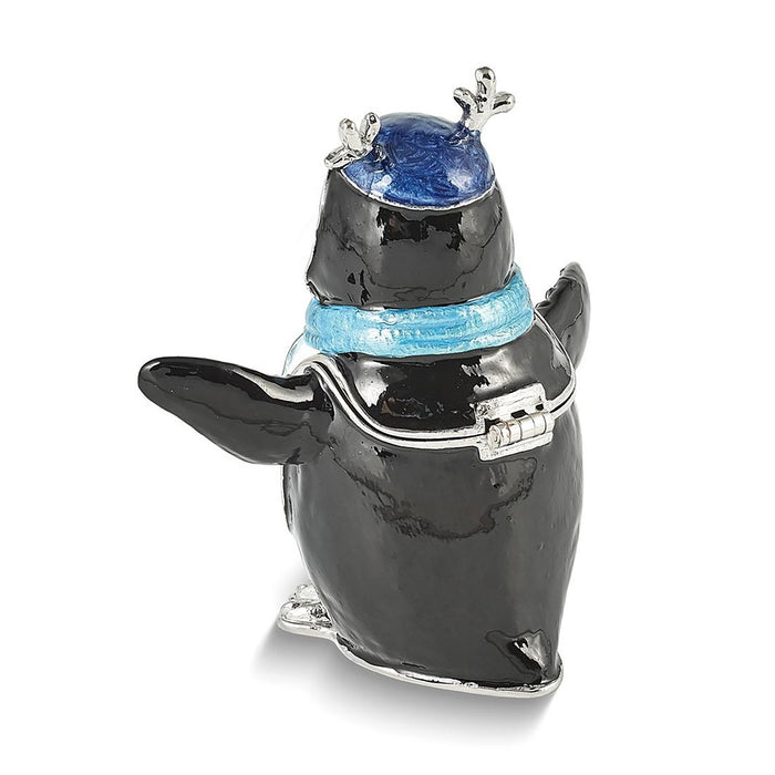 Jere Luxury Giftware Pewter Bejeweled Crystals Silver-Tone Enameled Percy Penguin w Scarf Trinket Container w Matching 18 Inch Necklace