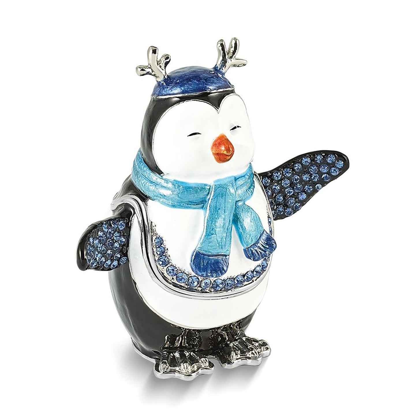 Pewter Bejeweled Crystals Silver-Tone Enameled Percy Penguin w Scarf Trinket Container Bejeweled Trinket Box with Matching 18 Inch Necklace, Hand Painted Enameled Collectible Gift