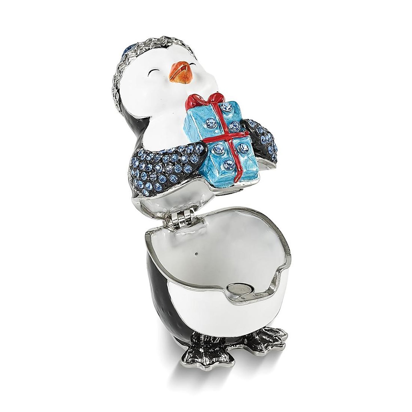 Pewter Bejeweled Crystals Silver-Tone Enameled Penny Penguin w Gift Trinket Container Bejeweled Trinket Box with Matching 18 Inch Necklace, Hand Painted Enameled Collectible Gift