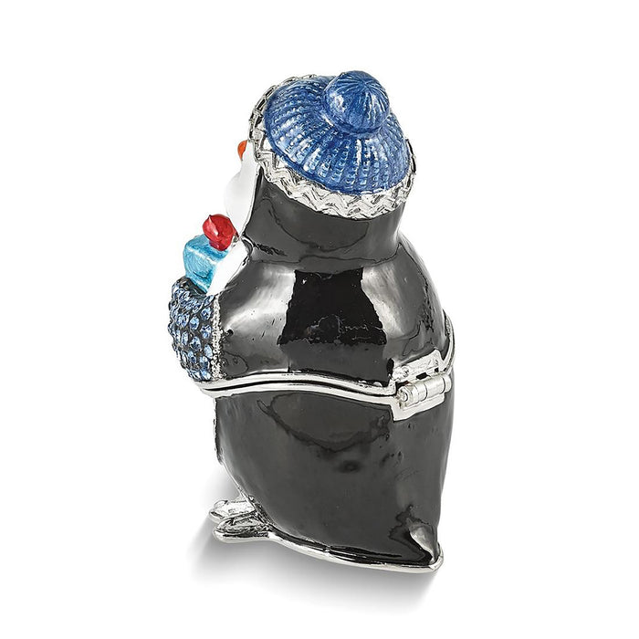 Jere Luxury Giftware Pewter Bejeweled Crystals Silver-Tone Enameled Penny Penguin w Gift Trinket Container w Matching 18 Inch Necklace