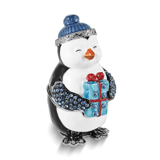 Pewter Bejeweled Crystals Silver-Tone Enameled Penny Penguin w Gift Trinket Container Bejeweled Trinket Box with Matching 18 Inch Necklace, Hand Painted Enameled Collectible Gift