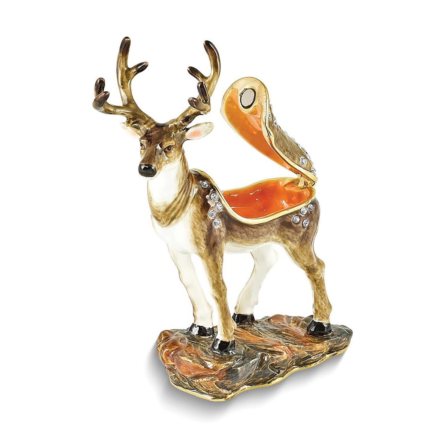 Pewter Bejeweled Crystals Gold-Tone Enameled Buck Deer Trinket Container Bejeweled Trinket Box with Matching 18 Inch Necklace, Hand Painted Enameled Collectible Gift
