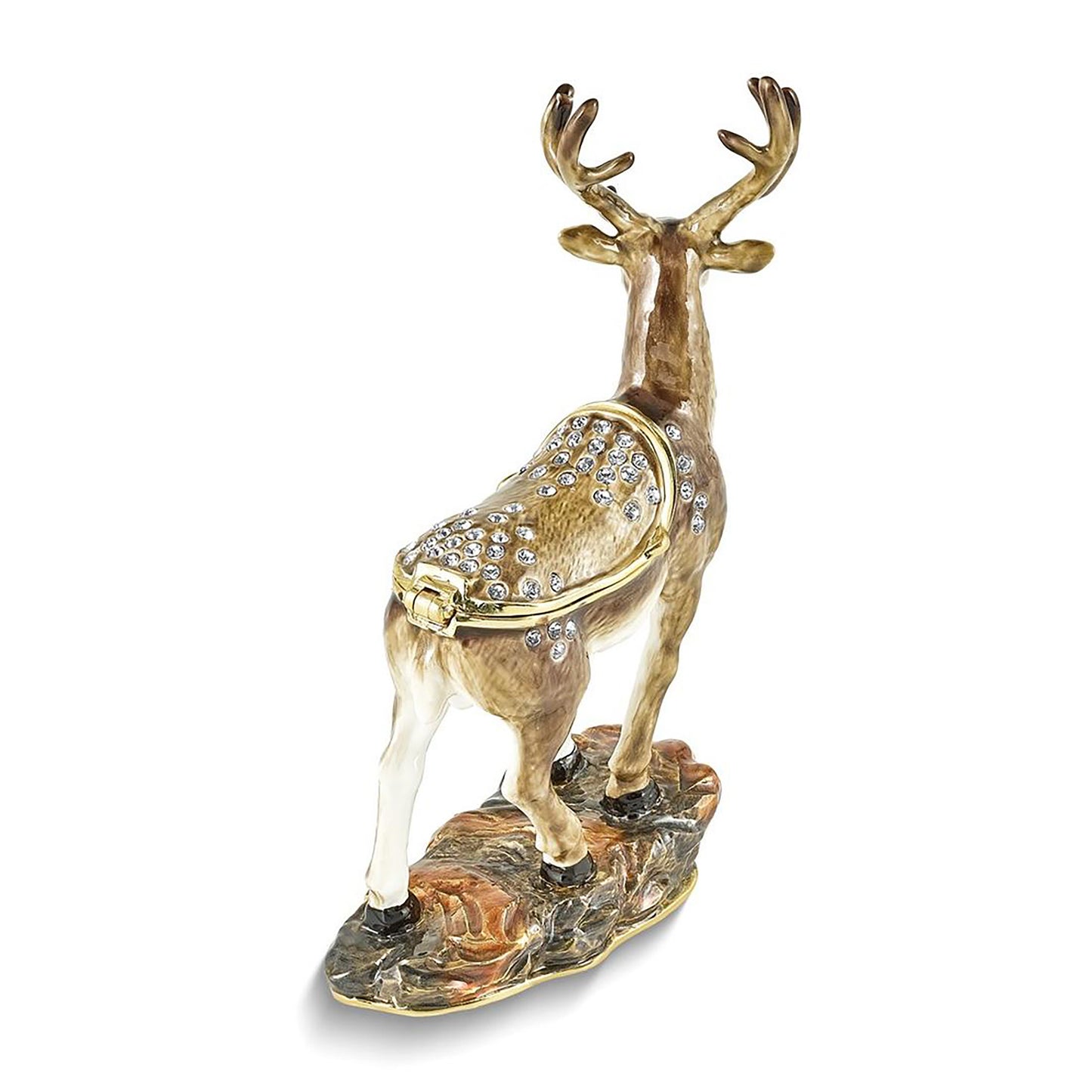 Pewter Bejeweled Crystals Gold-Tone Enameled Buck Deer Trinket Container Bejeweled Trinket Box with Matching 18 Inch Necklace, Hand Painted Enameled Collectible Gift