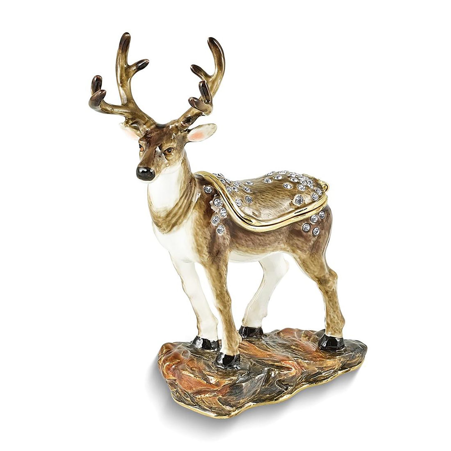 Pewter Bejeweled Crystals Gold-Tone Enameled Buck Deer Trinket Container Bejeweled Trinket Box with Matching 18 Inch Necklace, Hand Painted Enameled Collectible Gift