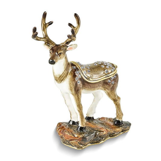 Pewter Bejeweled Crystals Gold-Tone Enameled Buck Deer Trinket Container Bejeweled Trinket Box with Matching 18 Inch Necklace, Hand Painted Enameled Collectible Gift