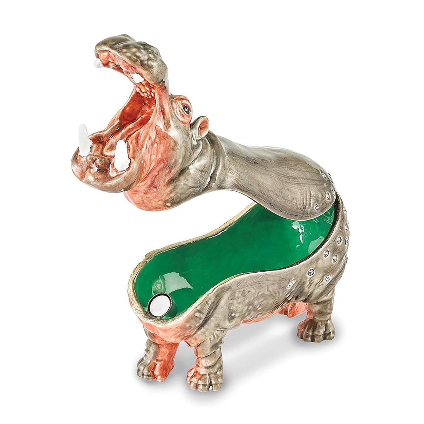 Pewter Bejeweled Crystals Silver-Tone Enameled Henry Hippo Trinket Container Bejeweled Trinket Box with Matching 18 Inch Necklace, Hand Painted Enameled Collectible Gift
