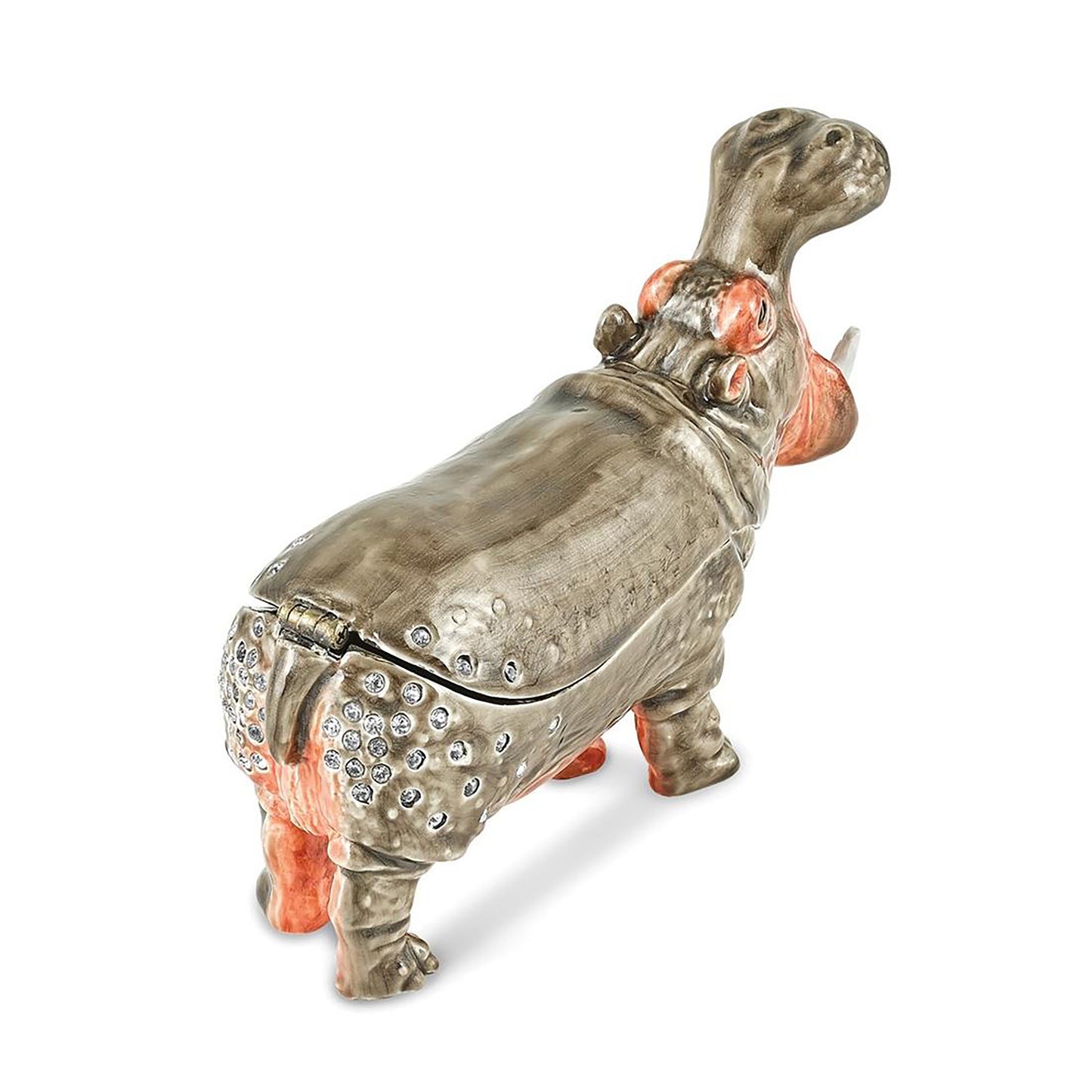 Pewter Bejeweled Crystals Silver-Tone Enameled Henry Hippo Trinket Container Bejeweled Trinket Box with Matching 18 Inch Necklace, Hand Painted Enameled Collectible Gift