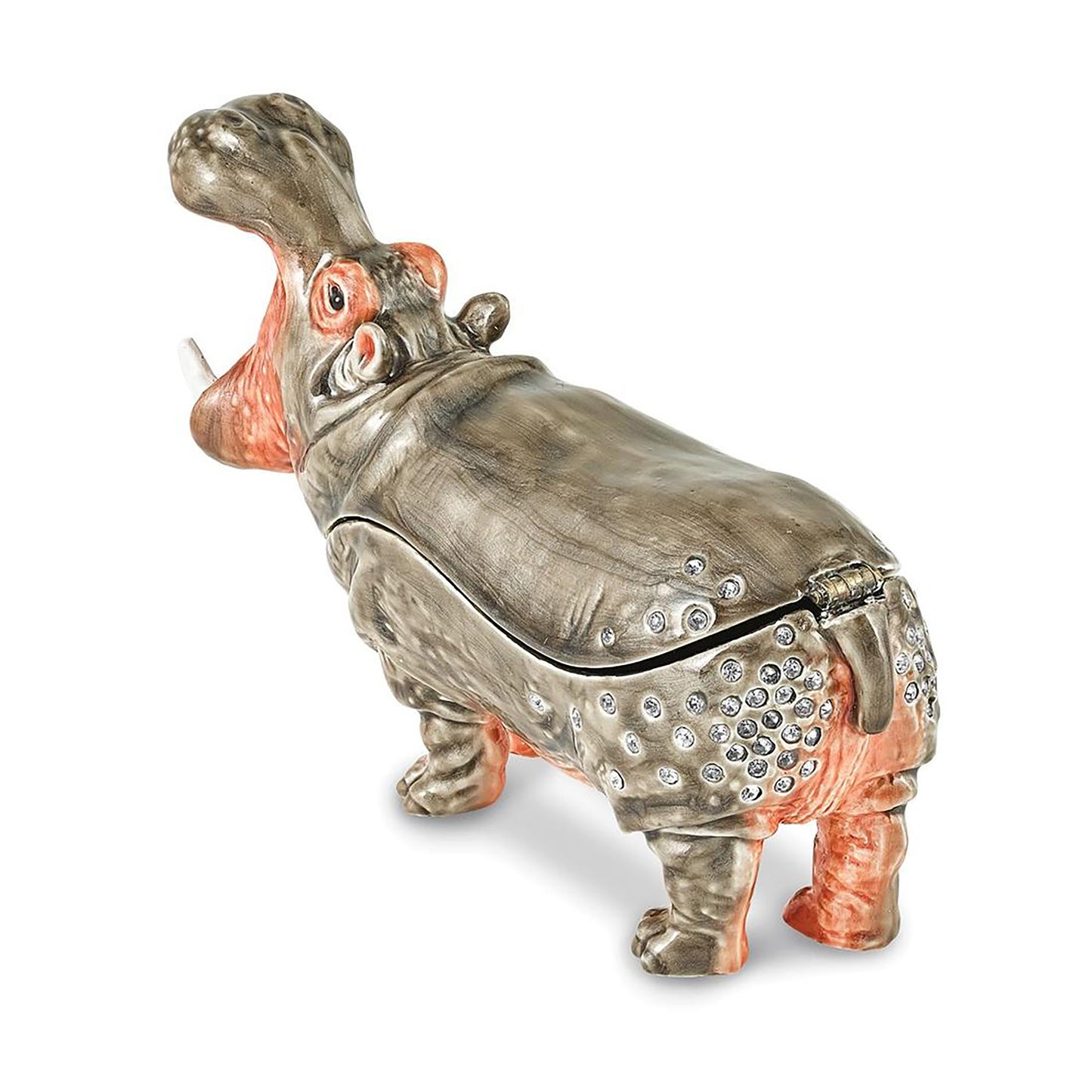Pewter Bejeweled Crystals Silver-Tone Enameled Henry Hippo Trinket Container Bejeweled Trinket Box with Matching 18 Inch Necklace, Hand Painted Enameled Collectible Gift