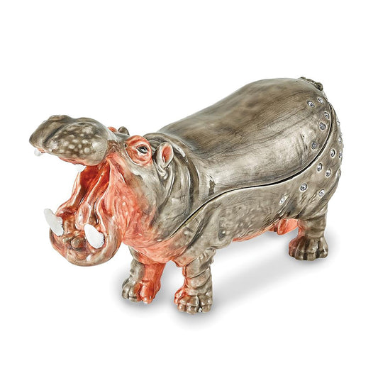 Pewter Bejeweled Crystals Silver-Tone Enameled Henry Hippo Trinket Container Bejeweled Trinket Box with Matching 18 Inch Necklace, Hand Painted Enameled Collectible Gift
