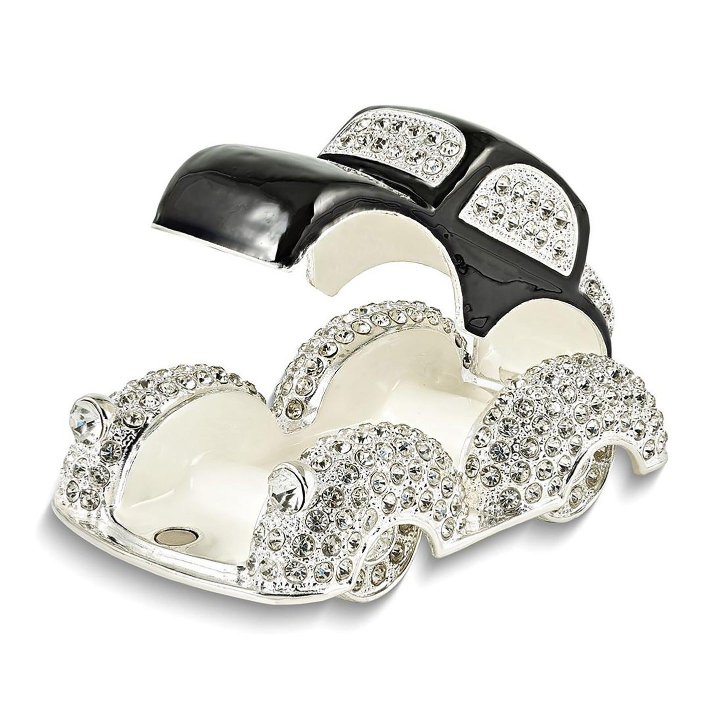 Pewter Bejeweled Crystals Silver-Tone Enameled Dean Black And White Car Trinket Container Bejeweled Trinket Box with Matching 18 Inch Necklace, Hand Painted Enameled Collectible Gift