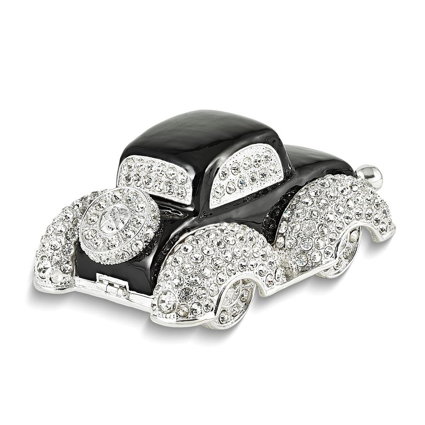 Pewter Bejeweled Crystals Silver-Tone Enameled Dean Black And White Car Trinket Container Bejeweled Trinket Box with Matching 18 Inch Necklace, Hand Painted Enameled Collectible Gift