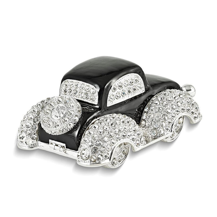 Jere Luxury Giftware Pewter Bejeweled Crystals Silver-Tone Enameled Dean Black And White Car Trinket Container w Matching 18 Inch Necklace