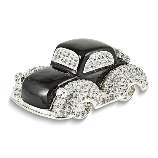 Pewter Bejeweled Crystals Silver-Tone Enameled Dean Black And White Car Trinket Container Bejeweled Trinket Box with Matching 18 Inch Necklace, Hand Painted Enameled Collectible Gift