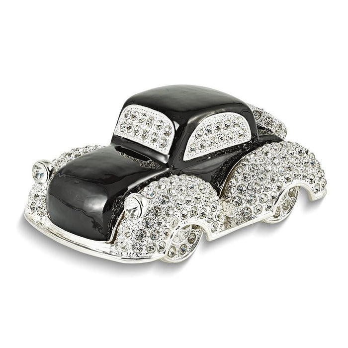 Jere Luxury Giftware Pewter Bejeweled Crystals Silver-Tone Enameled Dean Black And White Car Trinket Container w Matching 18 Inch Necklace