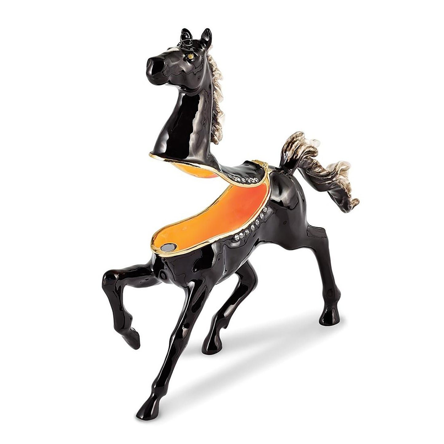 Pewter Bejeweled Crystals Gold-Tone Enameled Pepper Black Horse w White Mane Trinket Container Bejeweled Trinket Box with Matching 18 Inch Necklace, Hand Painted Enameled Collectible Gift
