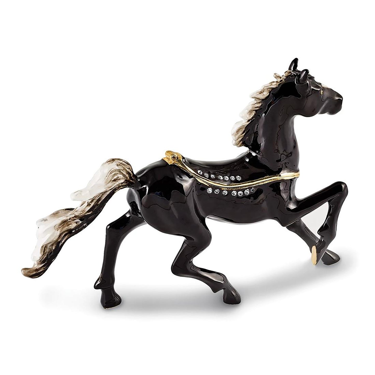 Pewter Bejeweled Crystals Gold-Tone Enameled Pepper Black Horse w White Mane Trinket Container Bejeweled Trinket Box with Matching 18 Inch Necklace, Hand Painted Enameled Collectible Gift