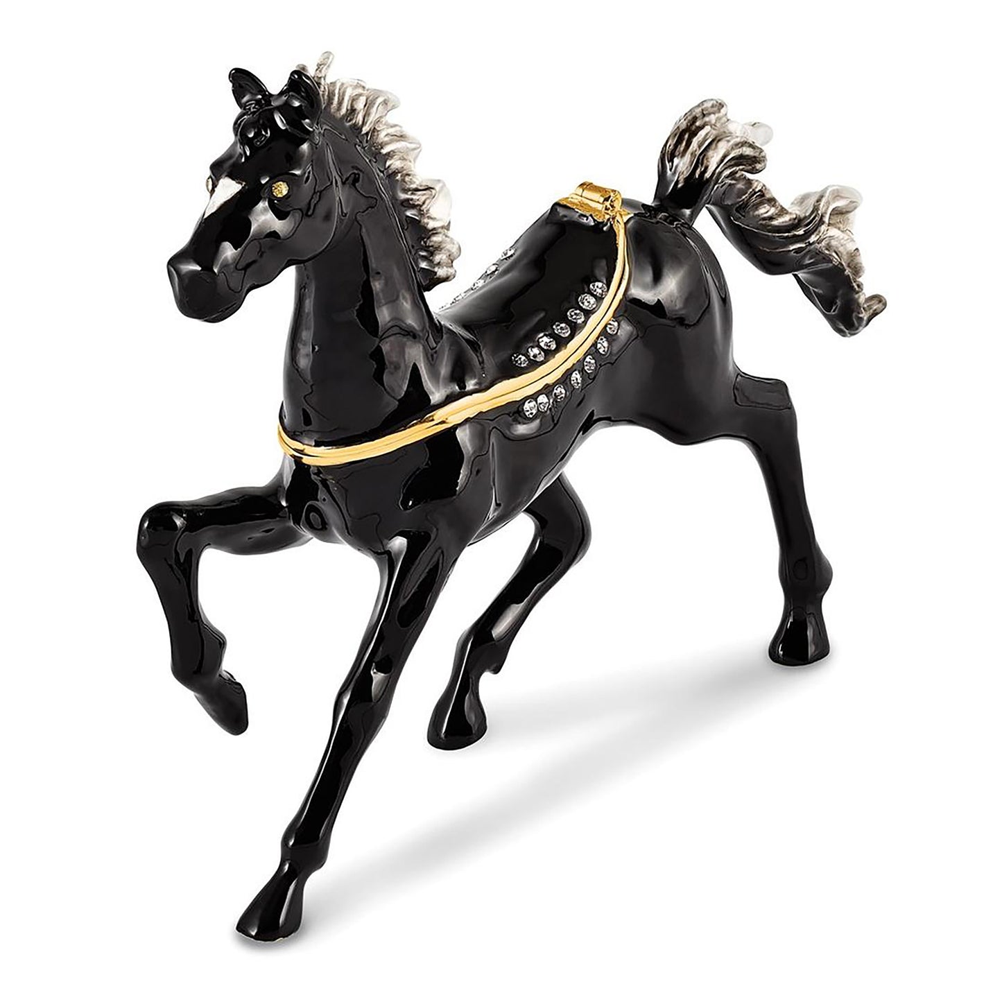 Pewter Bejeweled Crystals Gold-Tone Enameled Pepper Black Horse w White Mane Trinket Container Bejeweled Trinket Box with Matching 18 Inch Necklace, Hand Painted Enameled Collectible Gift