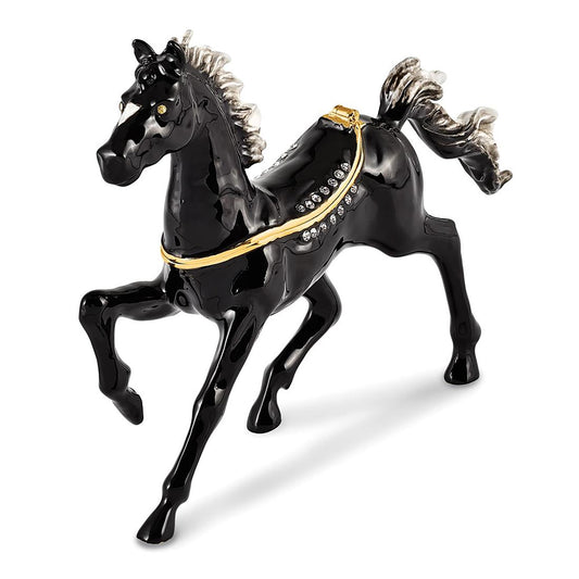 Pewter Bejeweled Crystals Gold-Tone Enameled Pepper Black Horse w White Mane Trinket Container Bejeweled Trinket Box with Matching 18 Inch Necklace, Hand Painted Enameled Collectible Gift