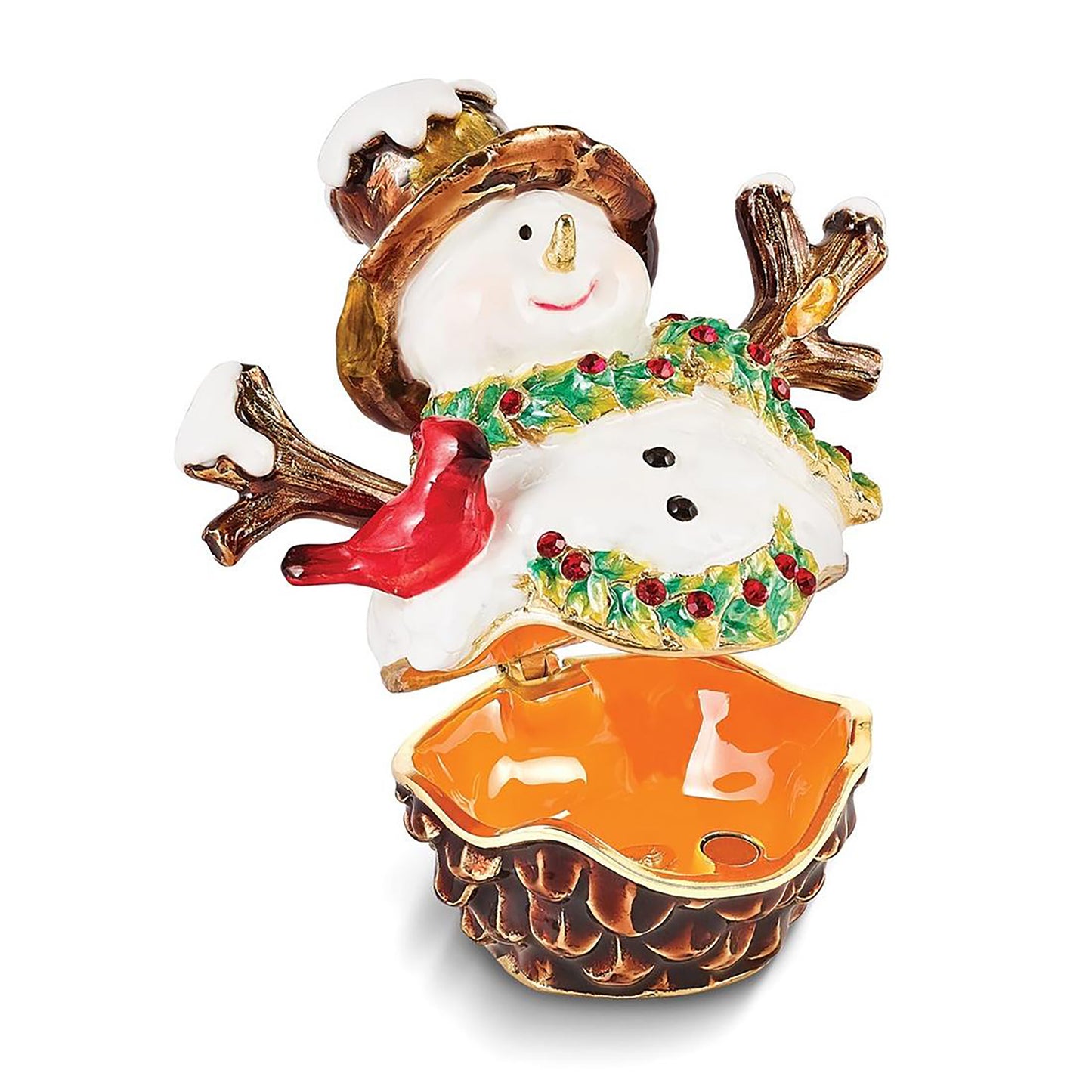 Pewter Bejeweled Crystals Gold-Tone Enameled Garland Snowman w Bird & Scarf Trinket Container Bejeweled Trinket Box with Matching 18 Inch Necklace, Hand Painted Enameled Collectible Gift