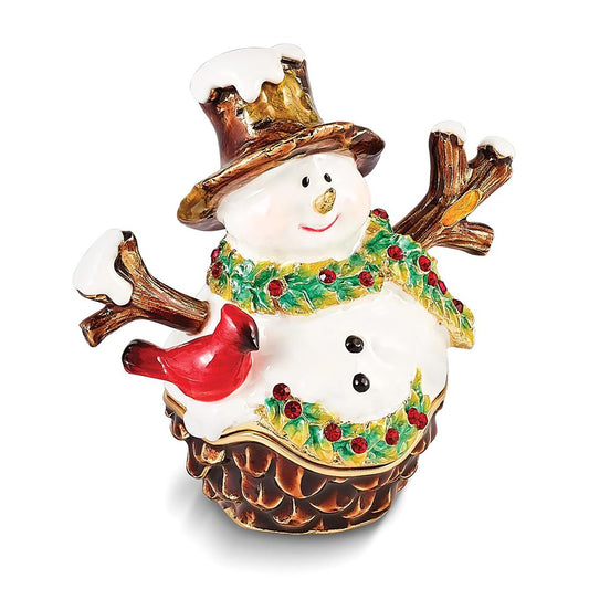 Pewter Bejeweled Crystals Gold-Tone Enameled Garland Snowman w Bird & Scarf Trinket Container Bejeweled Trinket Box with Matching 18 Inch Necklace, Hand Painted Enameled Collectible Gift