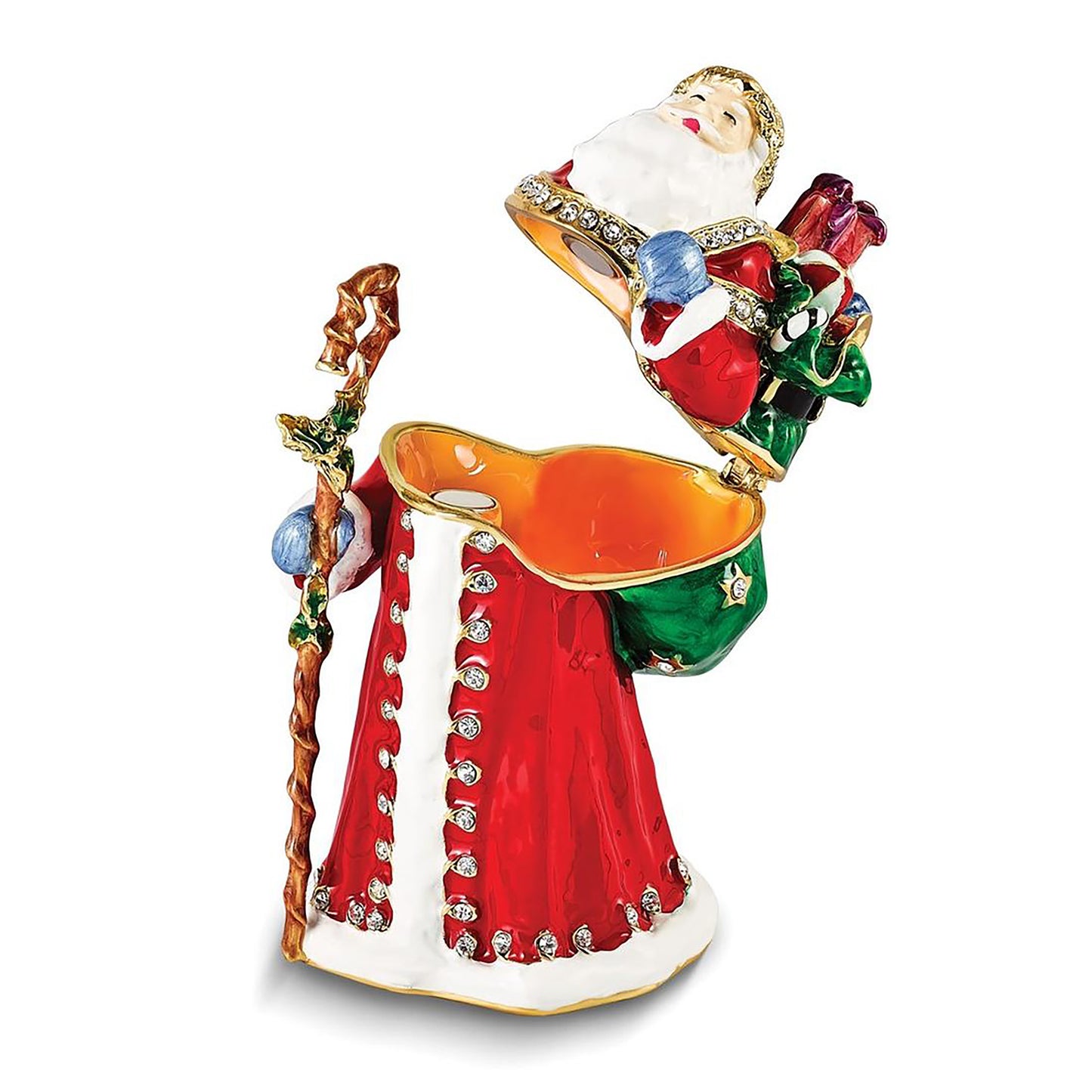 Pewter Bejeweled Crystals Gold-Tone Enameled Noble Santa w Gifts & Staff Trinket Container Bejeweled Trinket Box with Matching 18 Inch Necklace, Hand Painted Enameled Collectible Gift