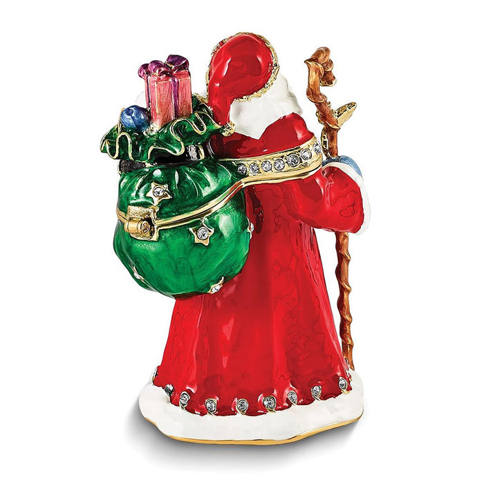 Jere Luxury Giftware Pewter Bejeweled Crystals Gold-Tone Enameled Noble Santa w Gifts & Staff Trinket Container w Matching 18 Inch Necklace