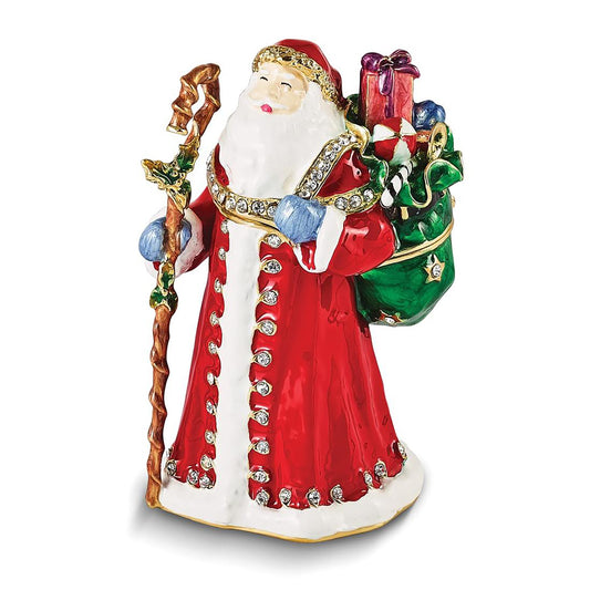 Pewter Bejeweled Crystals Gold-Tone Enameled Noble Santa w Gifts & Staff Trinket Container Bejeweled Trinket Box with Matching 18 Inch Necklace, Hand Painted Enameled Collectible Gift