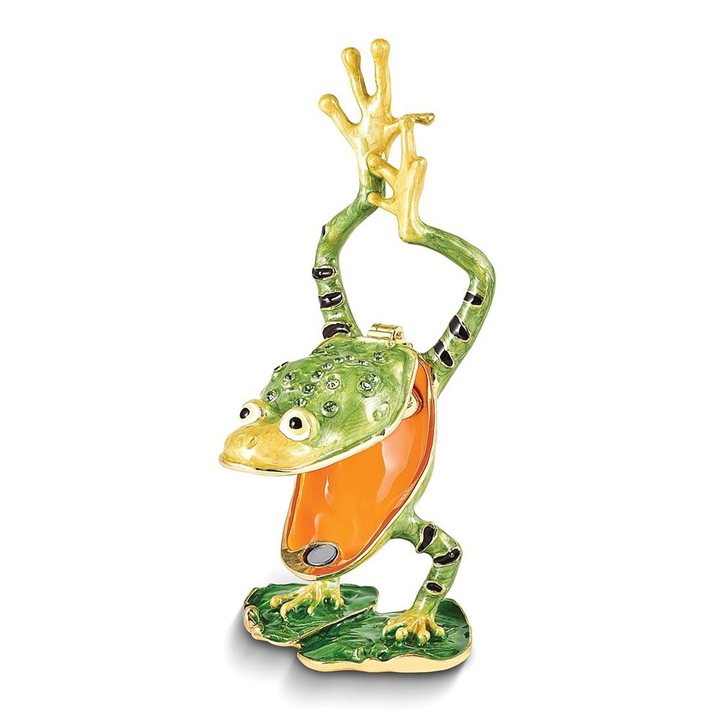 Pewter Bejeweled Crystals Gold-Tone Enameled Jensen Handstand Frog On Lily Pad Trinket Container Bejeweled Trinket Box with Matching 18 Inch Necklace, Hand Painted Enameled Collectible Gift