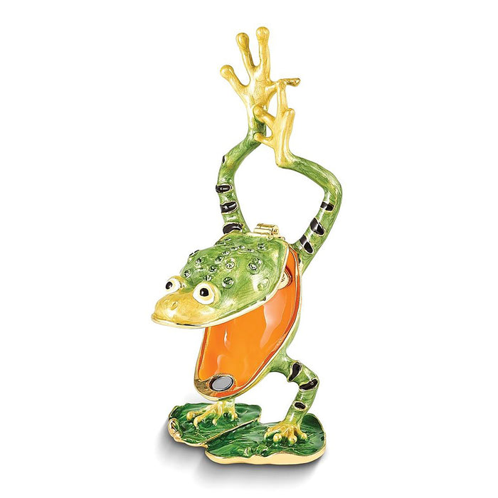 Jere Luxury Giftware Pewter Bejeweled Crystals Gold-Tone Enameled Jensen Handstand Frog On Lily Pad Trinket Container w Matching 18 Inch Necklace