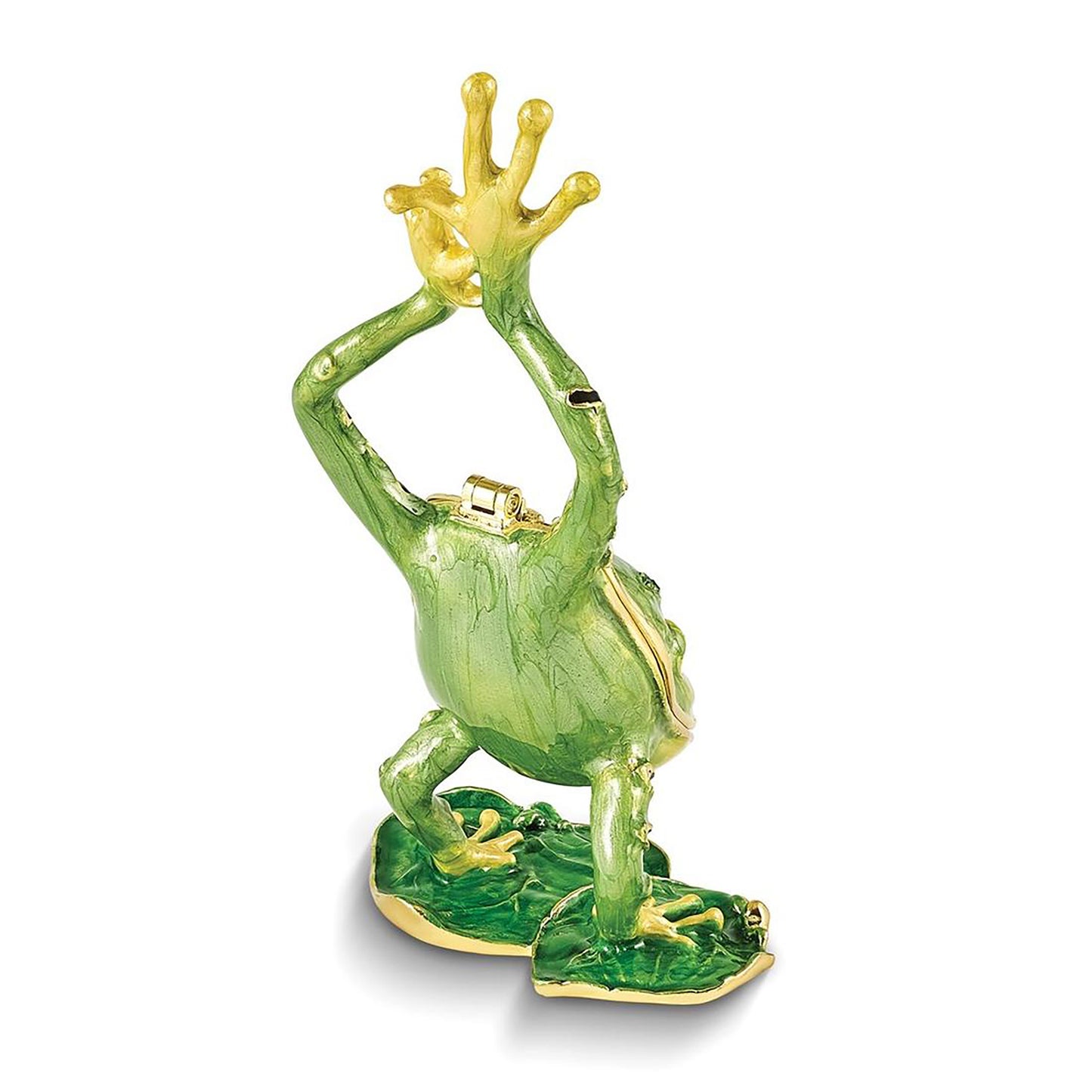 Pewter Bejeweled Crystals Gold-Tone Enameled Jensen Handstand Frog On Lily Pad Trinket Container Bejeweled Trinket Box with Matching 18 Inch Necklace, Hand Painted Enameled Collectible Gift