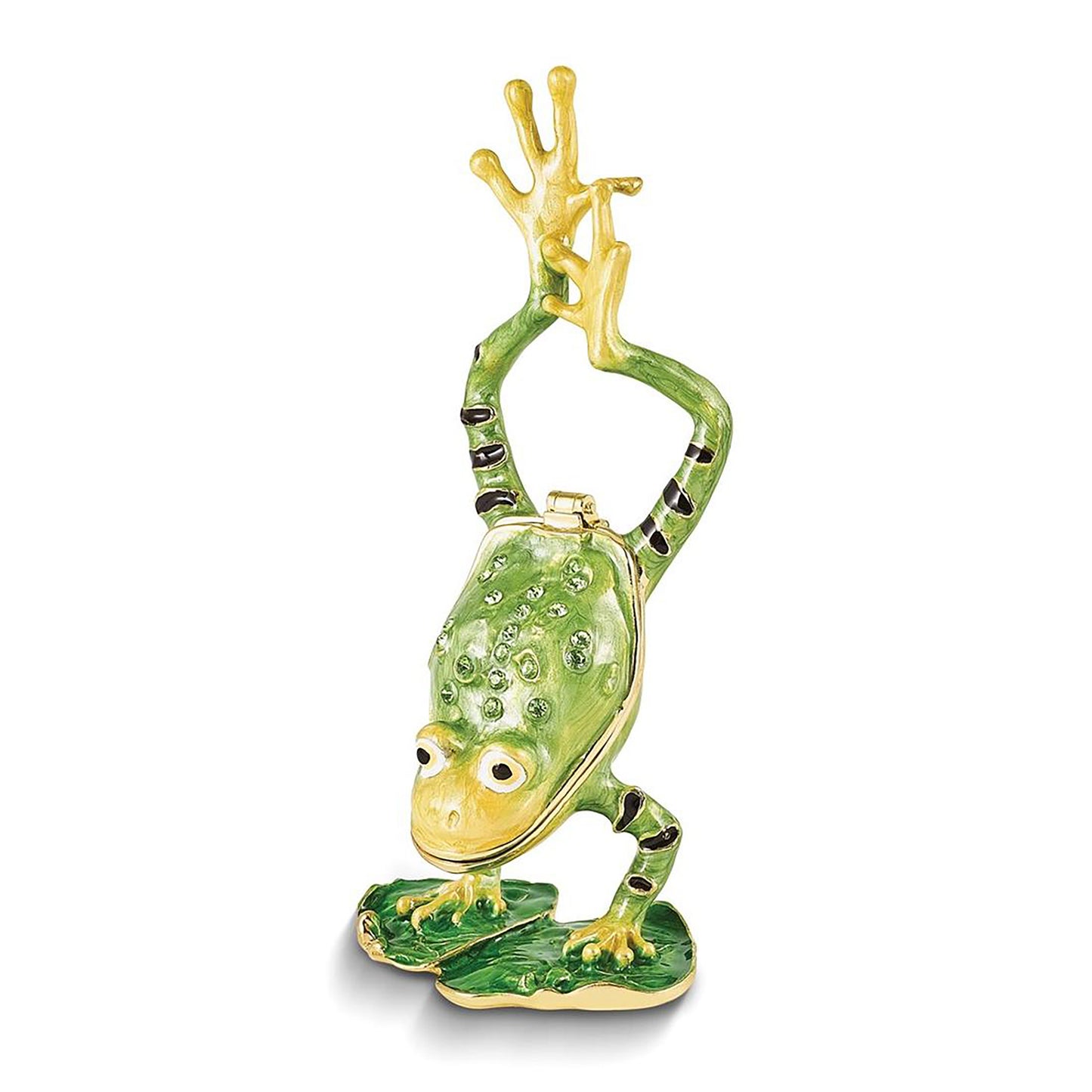 Pewter Bejeweled Crystals Gold-Tone Enameled Jensen Handstand Frog On Lily Pad Trinket Container Bejeweled Trinket Box with Matching 18 Inch Necklace, Hand Painted Enameled Collectible Gift