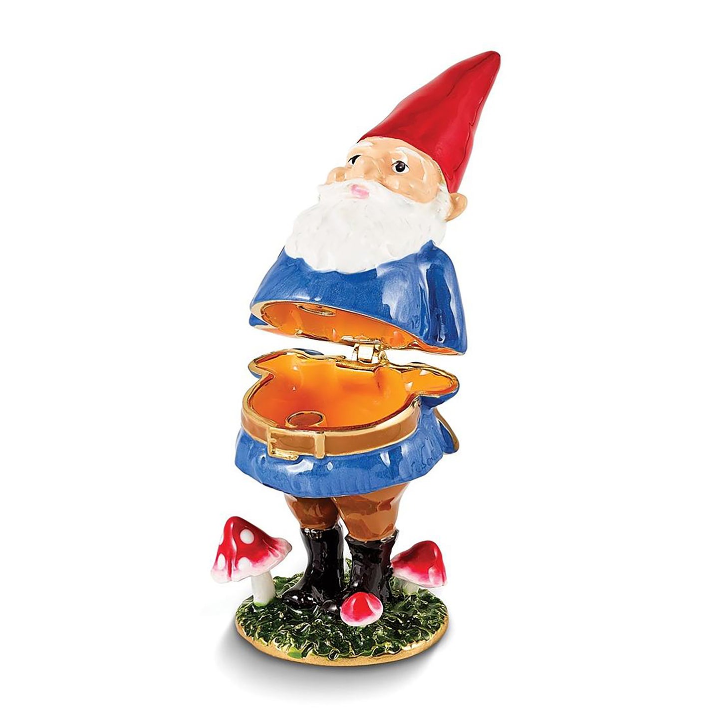 Pewter Bejeweled Crystals Gold-Tone Enameled Nimble Gnome w Mushrooms Trinket Container Bejeweled Trinket Box with Matching 18 Inch Necklace, Hand Painted Enameled Collectible Gift
