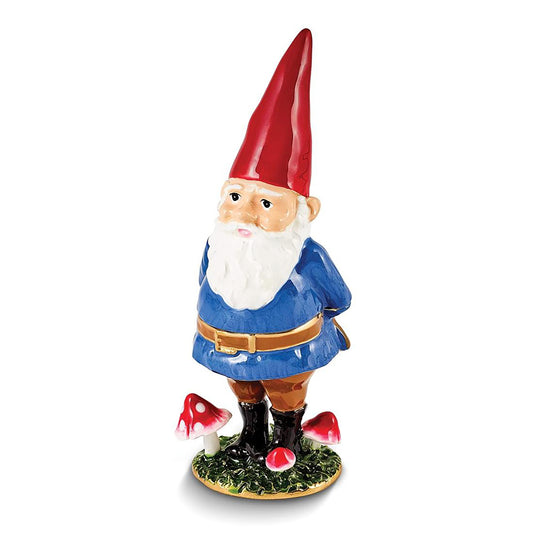 Pewter Bejeweled Crystals Gold-Tone Enameled Nimble Gnome w Mushrooms Trinket Container Bejeweled Trinket Box with Matching 18 Inch Necklace, Hand Painted Enameled Collectible Gift