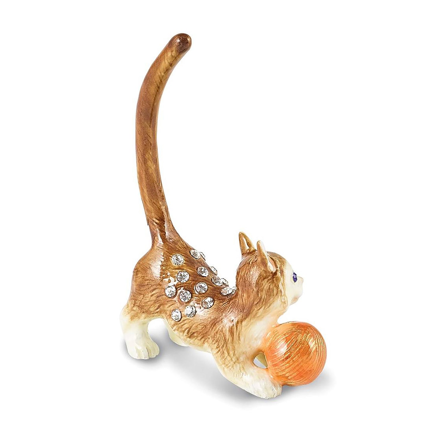 Pewter Bejeweled Crystals Silver-Tone Enameled Sasafras Cat w Ball Of Yarn Ring Holder Bejeweled Trinket Box with Matching 18 Inch Necklace, Hand Painted Enameled Collectible Gift