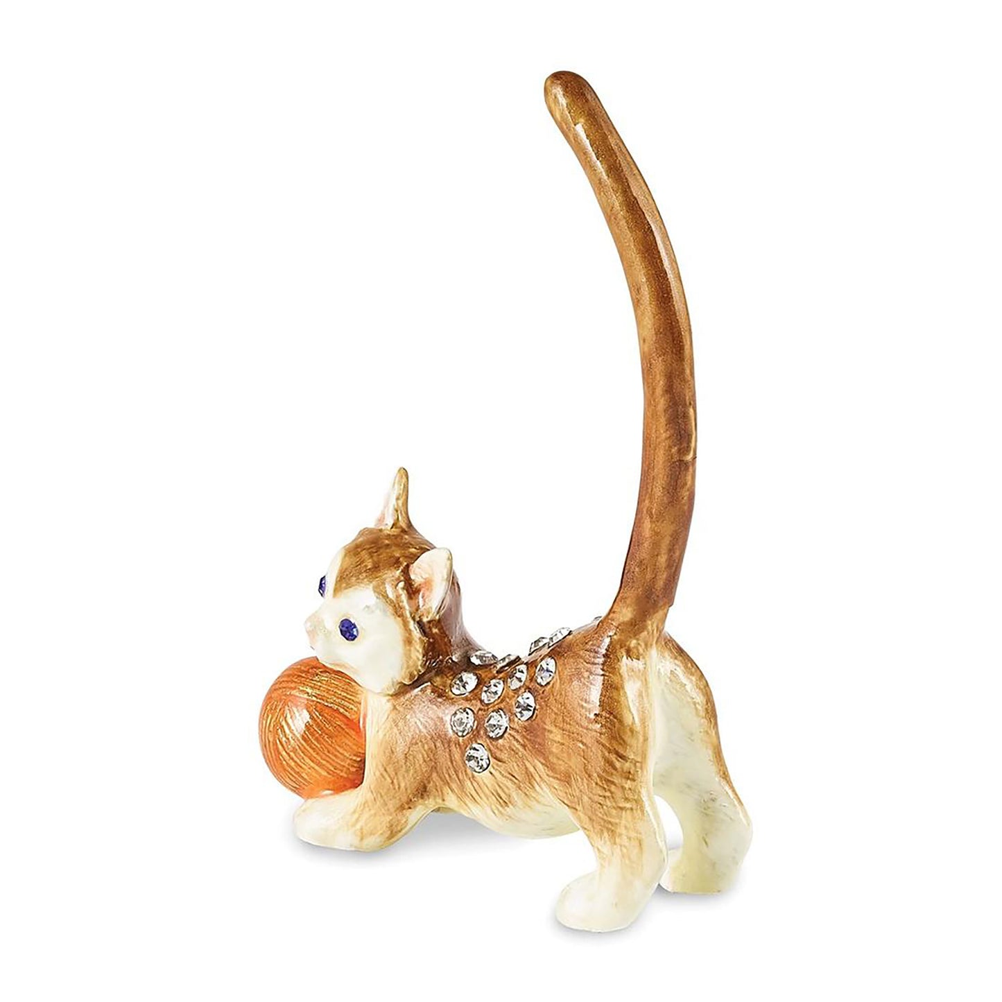 Pewter Bejeweled Crystals Silver-Tone Enameled Sasafras Cat w Ball Of Yarn Ring Holder Bejeweled Trinket Box with Matching 18 Inch Necklace, Hand Painted Enameled Collectible Gift