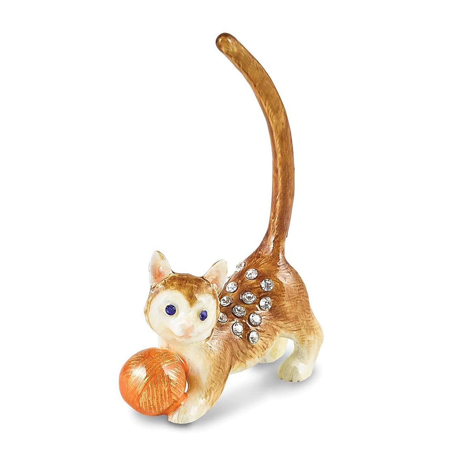 Pewter Bejeweled Crystals Silver-Tone Enameled Sasafras Cat w Ball Of Yarn Ring Holder Bejeweled Trinket Box with Matching 18 Inch Necklace, Hand Painted Enameled Collectible Gift