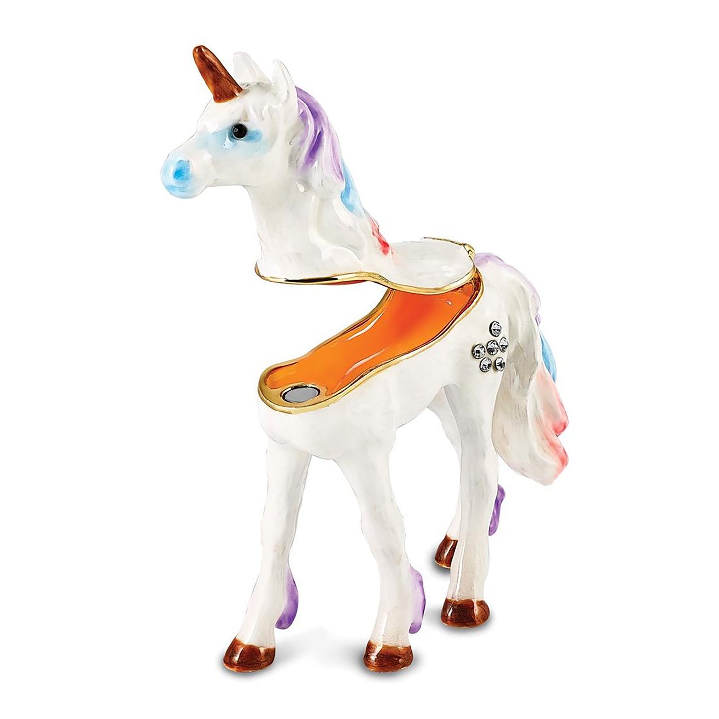 Pewter Bejeweled Crystals Gold-Tone Enameled Mystic The Unicorn Trinket Container Bejeweled Trinket Box with Matching 18 Inch Necklace, Hand Painted Enameled Collectible Gift