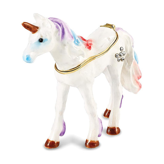 Pewter Bejeweled Crystals Gold-Tone Enameled Mystic The Unicorn Trinket Container Bejeweled Trinket Box with Matching 18 Inch Necklace, Hand Painted Enameled Collectible Gift