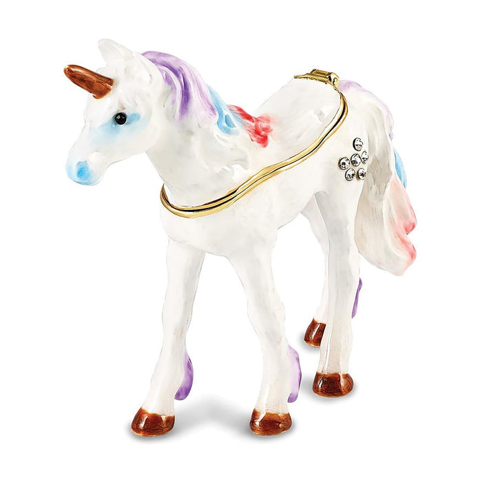 Jere Luxury Giftware Pewter Bejeweled Crystals Gold-Tone Enameled Mystic The Unicorn Trinket Container w Matching 18 Inch Necklace