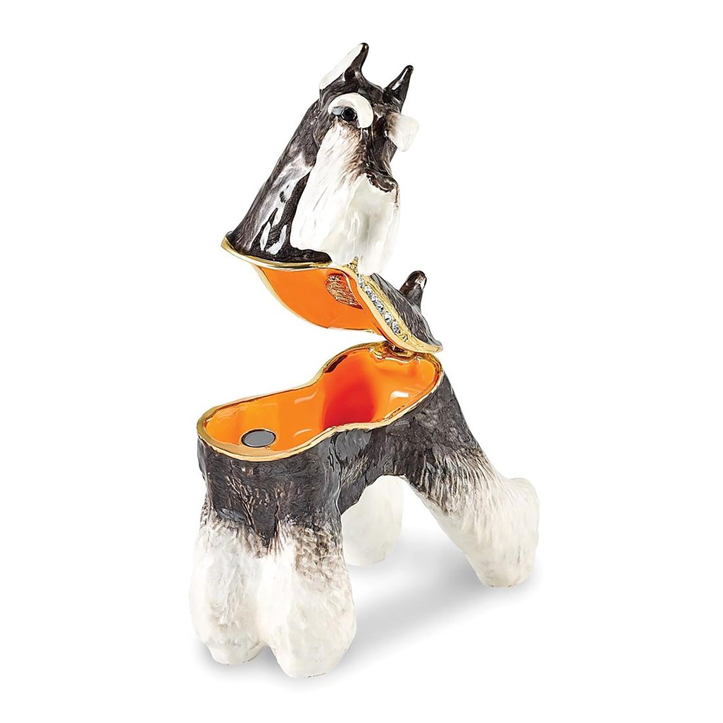 Pewter Bejeweled Crystals Gold-Tone Enameled Kaiser Black & White Schnauzer Dog Trinket Container Bejeweled Trinket Box with Matching 18 Inch Necklace, Hand Painted Enameled Collectible Gift