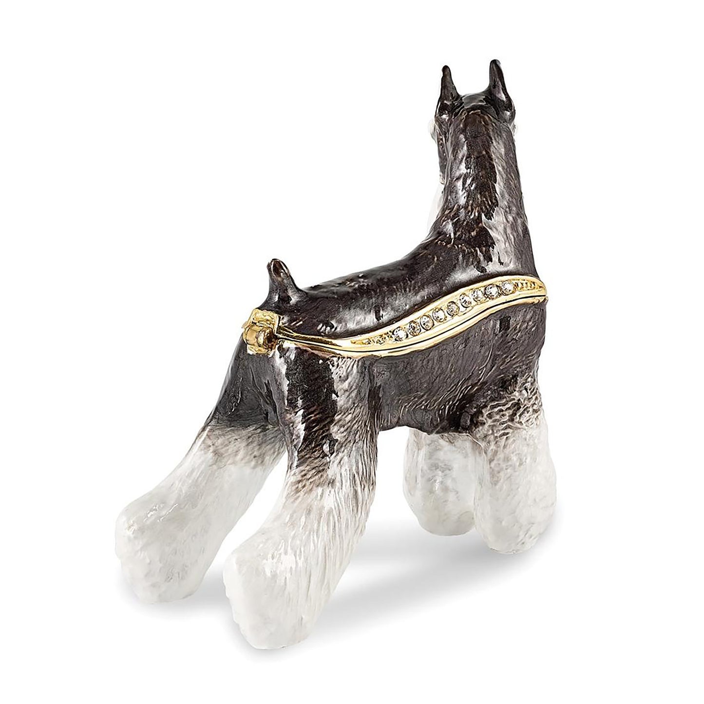 Pewter Bejeweled Crystals Gold-Tone Enameled Kaiser Black & White Schnauzer Dog Trinket Container Bejeweled Trinket Box with Matching 18 Inch Necklace, Hand Painted Enameled Collectible Gift