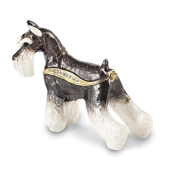 Jere Luxury Giftware Pewter Bejeweled Crystals Gold-Tone Enameled Kaiser Black & White Schnauzer Dog Trinket Container w Matching 18 Inch Necklace