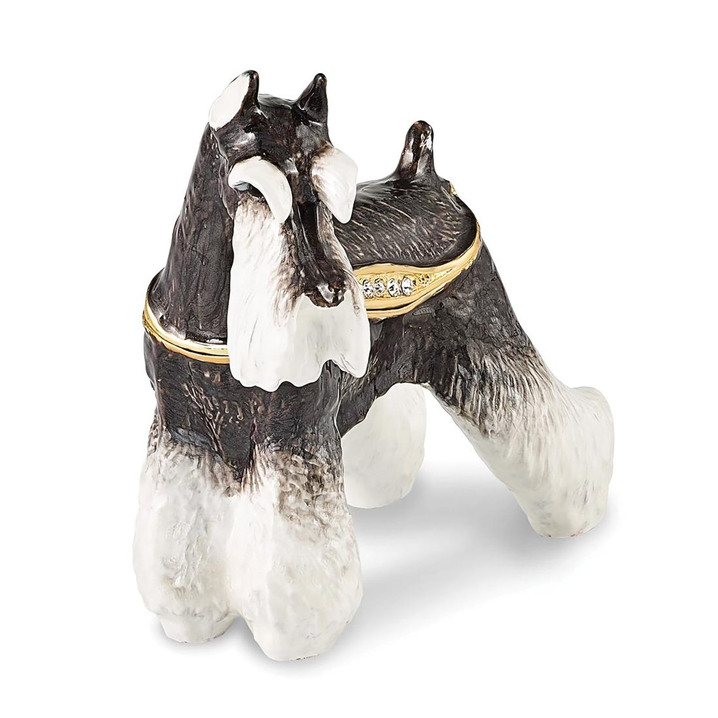 Pewter Bejeweled Crystals Gold-Tone Enameled Kaiser Black & White Schnauzer Dog Trinket Container Bejeweled Trinket Box with Matching 18 Inch Necklace, Hand Painted Enameled Collectible Gift