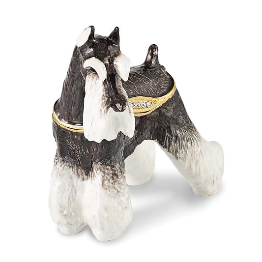 Pewter Bejeweled Crystals Gold-Tone Enameled Kaiser Black & White Schnauzer Dog Trinket Container Bejeweled Trinket Box with Matching 18 Inch Necklace, Hand Painted Enameled Collectible Gift