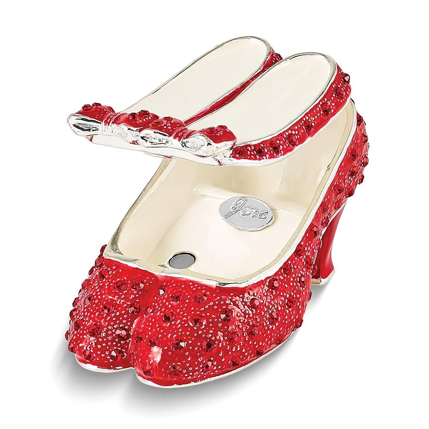 Pewter Bejeweled Crystals Silver-Tone Enameled Scarlet Red High Heels w Bows Trinket Container Bejeweled Trinket Box with Matching 18 Inch Necklace, Hand Painted Enameled Collectible Gift