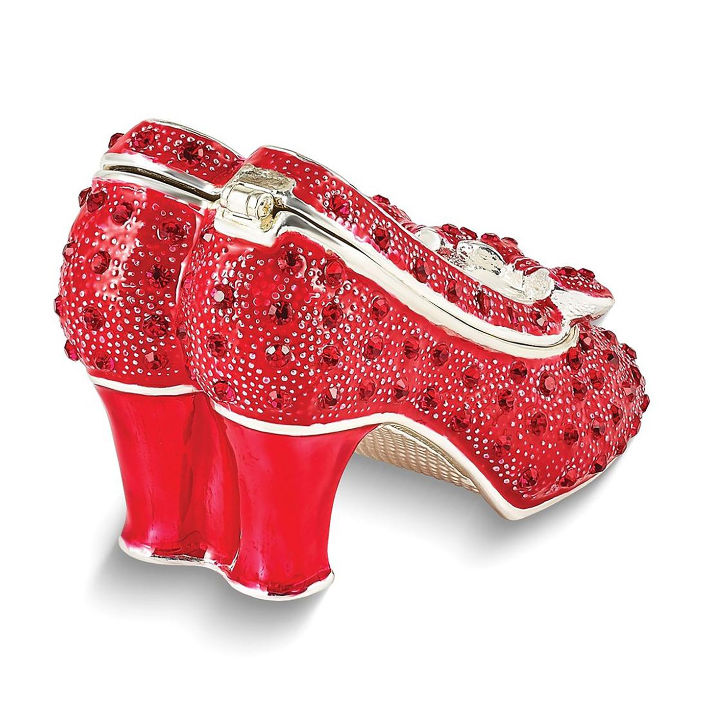 Pewter Bejeweled Crystals Silver-Tone Enameled Scarlet Red High Heels w Bows Trinket Container Bejeweled Trinket Box with Matching 18 Inch Necklace, Hand Painted Enameled Collectible Gift