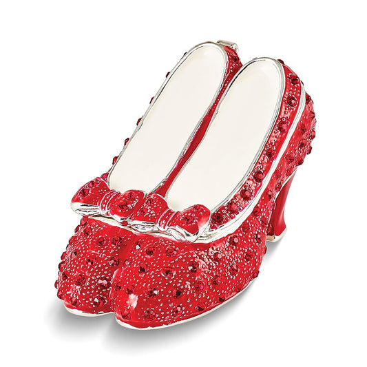 Pewter Bejeweled Crystals Silver-Tone Enameled Scarlet Red High Heels w Bows Trinket Container Bejeweled Trinket Box with Matching 18 Inch Necklace, Hand Painted Enameled Collectible Gift